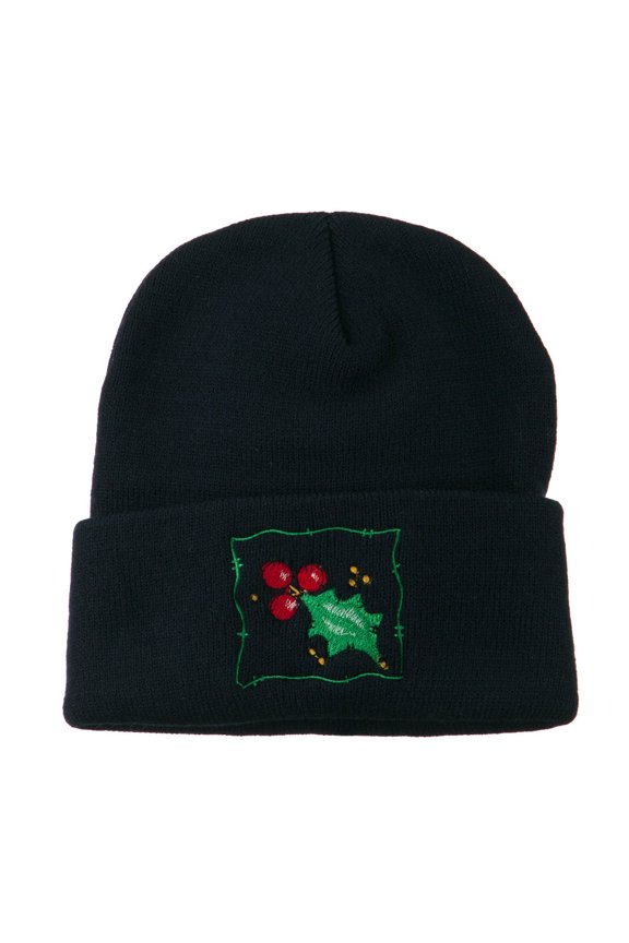 Christmas Mistletoe with Frame Embroidered Beanie - Navy OSFM