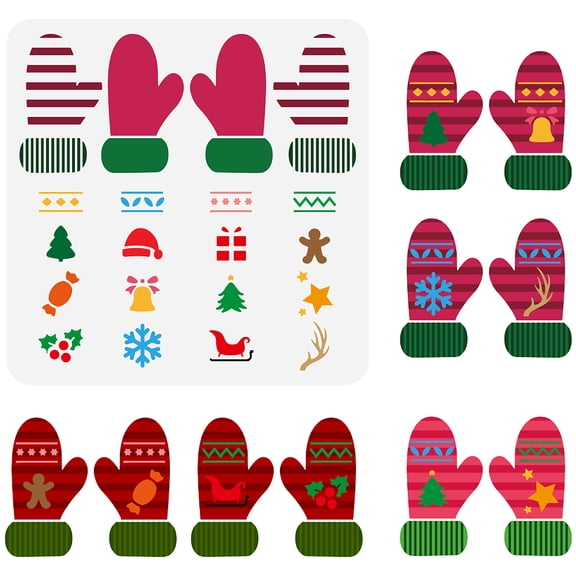 Christmas Mittens Painting Stencil 11.8x11.8inch Gloves Pattern Drawing Template Winter Theme Christmas Tree Christmas Hat Stars Floral Print Stencil