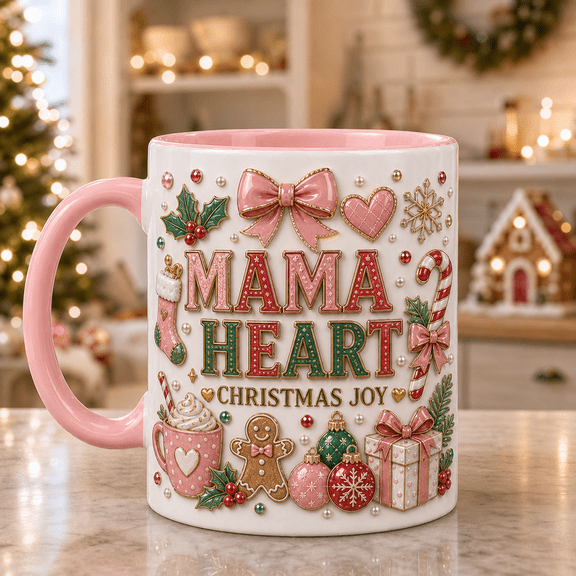 Christmas Mom Mug Mama Heart Coffee Cup with Pink Bow Design for Holiday Gift Giving