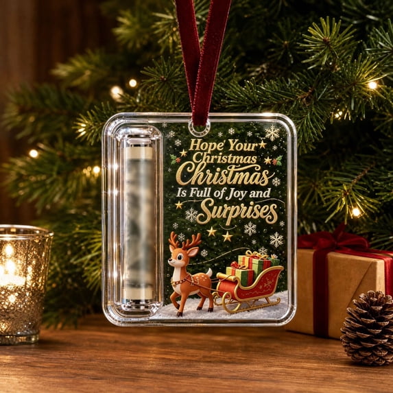 Christmas Money Gift Ornament, Crystal-Clear Christmas Tree with Gifts Printed Clear Acrylic Money Holder for Cash and Bills, Xmas Tree Hanging Ornament Decor, Holiday Gift for Family and Friends