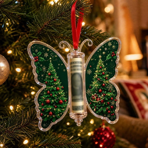 Christmas Money Gift Ornament, Plastic Butterfly Design a Cash Gift Holder, with Hanging Ribbon for Christmas Gift Exchange and Stocking Stuffer
