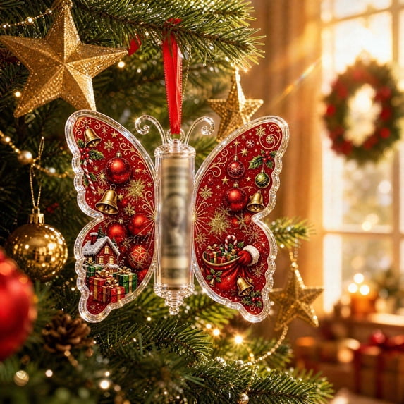 Christmas Money Holder Ornament, Butterfly Acrylic Cash Holder Hanging Decoration for Christmas Tree, Christmas Home Party Decor, Gift for Family and Friends