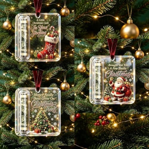 Christmas Money Holder Ornament, Clear Acrylic Cash Gift Holder with Red Ribbon, Hanging Xmas Tree Decoration for Rolled Bills and Notes