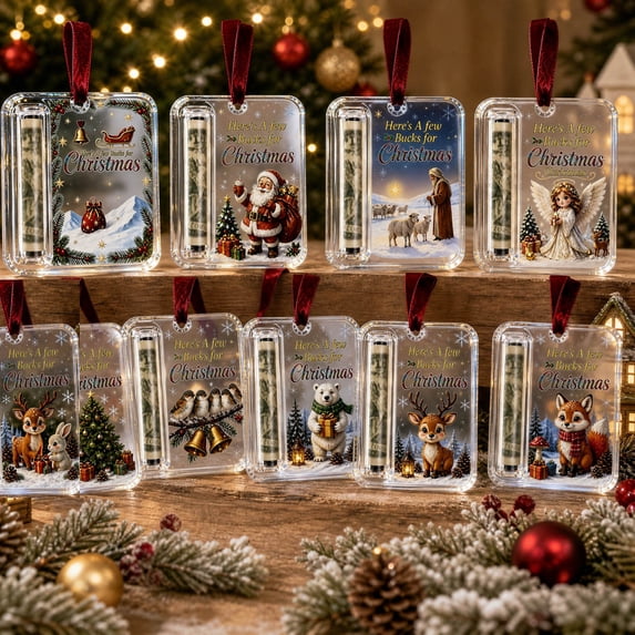 Christmas Money Holder Ornament, Holiday Reindeer Artwork Hidden Bill Holder for Cash, Xmas Tree Hanging Decoration and Stocking Stuffer Gift, Clear Acrylic