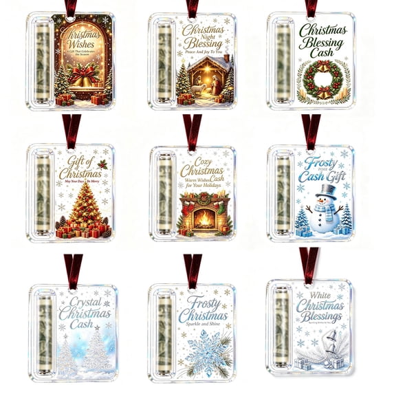 Christmas Money Holder Ornament, Santa by the Fireplace Artwork Hidden Bill Holder for Cash, Xmas Tree Hanging Decoration and Stocking Stuffer Gift, Clear Acrylic
