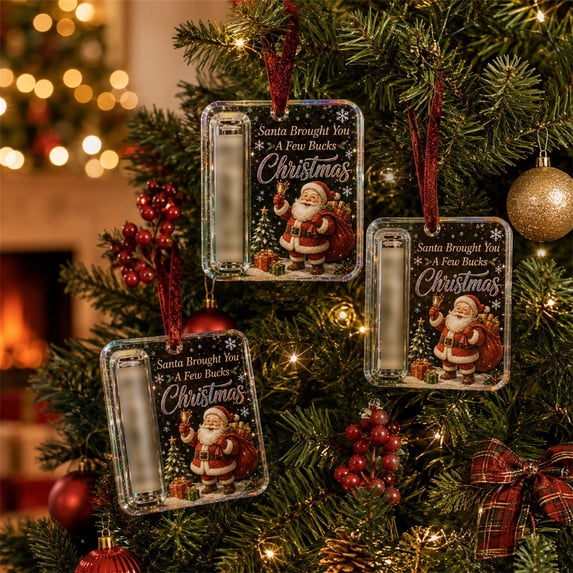 Christmas Money Ornament – Acrylic Universal Cash Holder, Xmas Tree Gift Clip with Velvet Ribbon Surprise