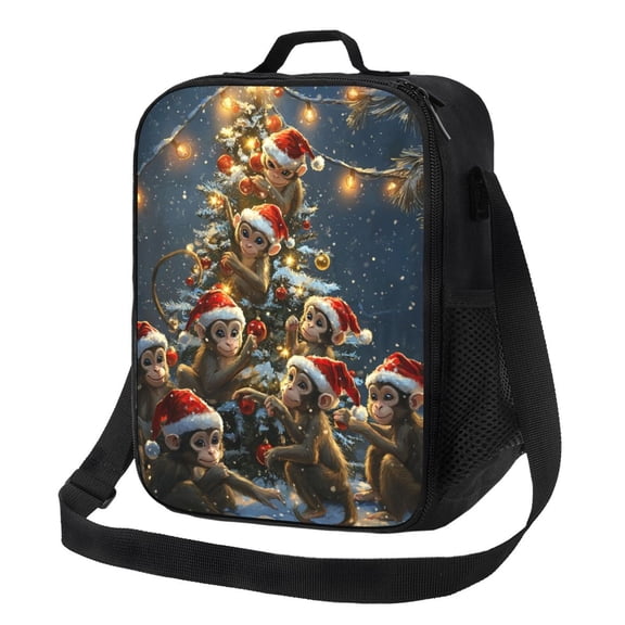 Christmas Monkey Lunch Bag Reusable Lunch Box Insulated Tote Bag with Adjustable Shoulder Strap