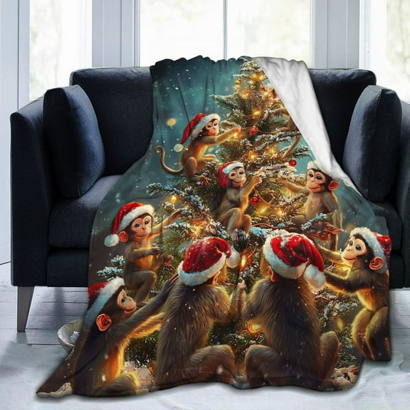 Christmas Monkey Throw Blanket Ultra Soft Cozy Decorative Flannel Blankets for Home Bed Couch Chair Travel 50x40