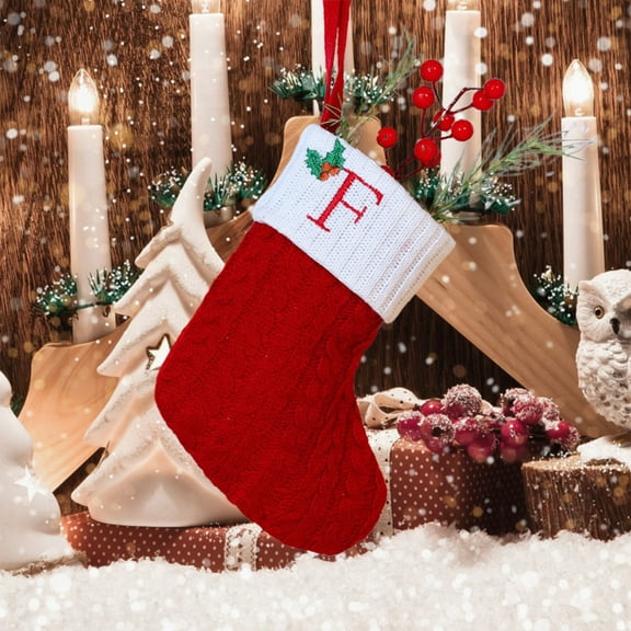 Christmas Monograms Stocking, Cable Knit Stocking with White Cuffs & Lanyard, Embroidered Letter Xmas Stocking Decoration, Hanging Storage Container for Holiday Party Home Xmas Fireplace Decor
