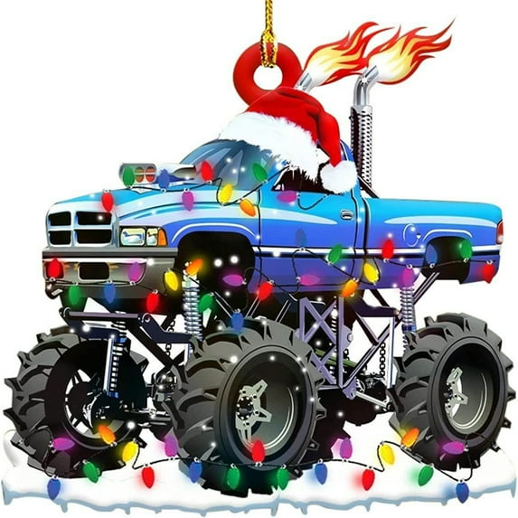 Christmas Monster Truck Hanging Decoration, 2D Acrylic Design With Santa Hat And Christmas Lights, Suitable For Tree Wall Indoor Festival Decor