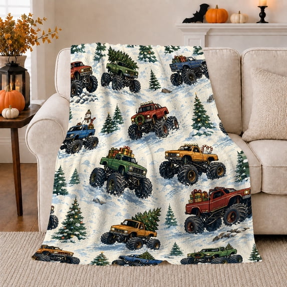Christmas Monster Trucks Snowy Landscape Festive Holiday, Festive Holiday Scene, Warm Flannel Blanket for Cabin and Lodge, Art Lovers Christmas Gift, Festive Home Decor