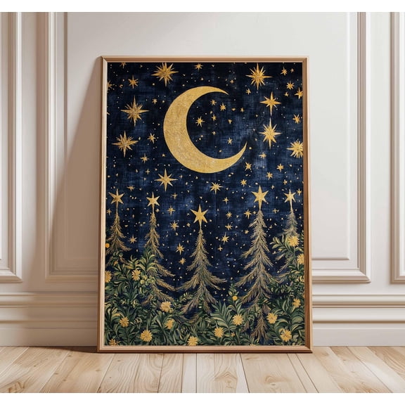 Christmas Moon Poster Illustration Style Holiday Wall Art Gold Star Christmas Decor Celest
