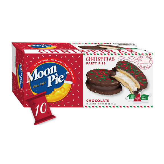 MoonPie Christmas Party Pies, Chocolate, 10 Count, 10 oz – Mini Marshmallow Sandwich Snack Cakes for Holiday Treats