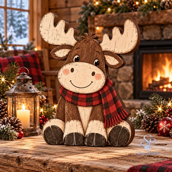 Christmas Moose Wooden Block 3 Layer, Plaid Scarf Cabin Shelf Decor for Holiday Hosts