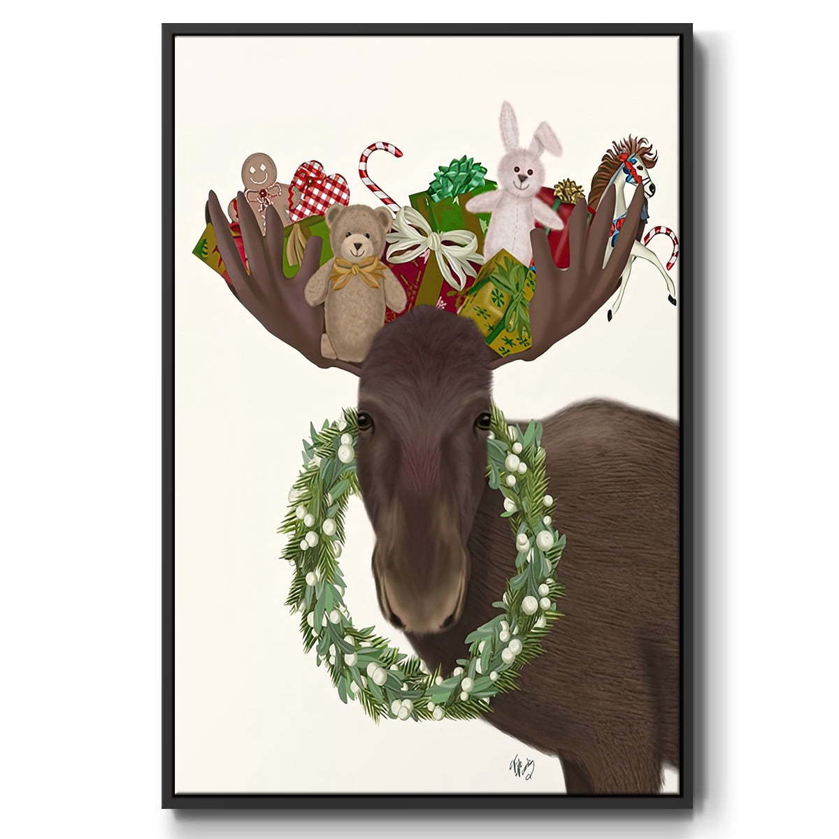Christmas Moose and Christmas Gifts - Framed Gallery Wrapped Holiday Canvas - 17 x 25 - Black Frame