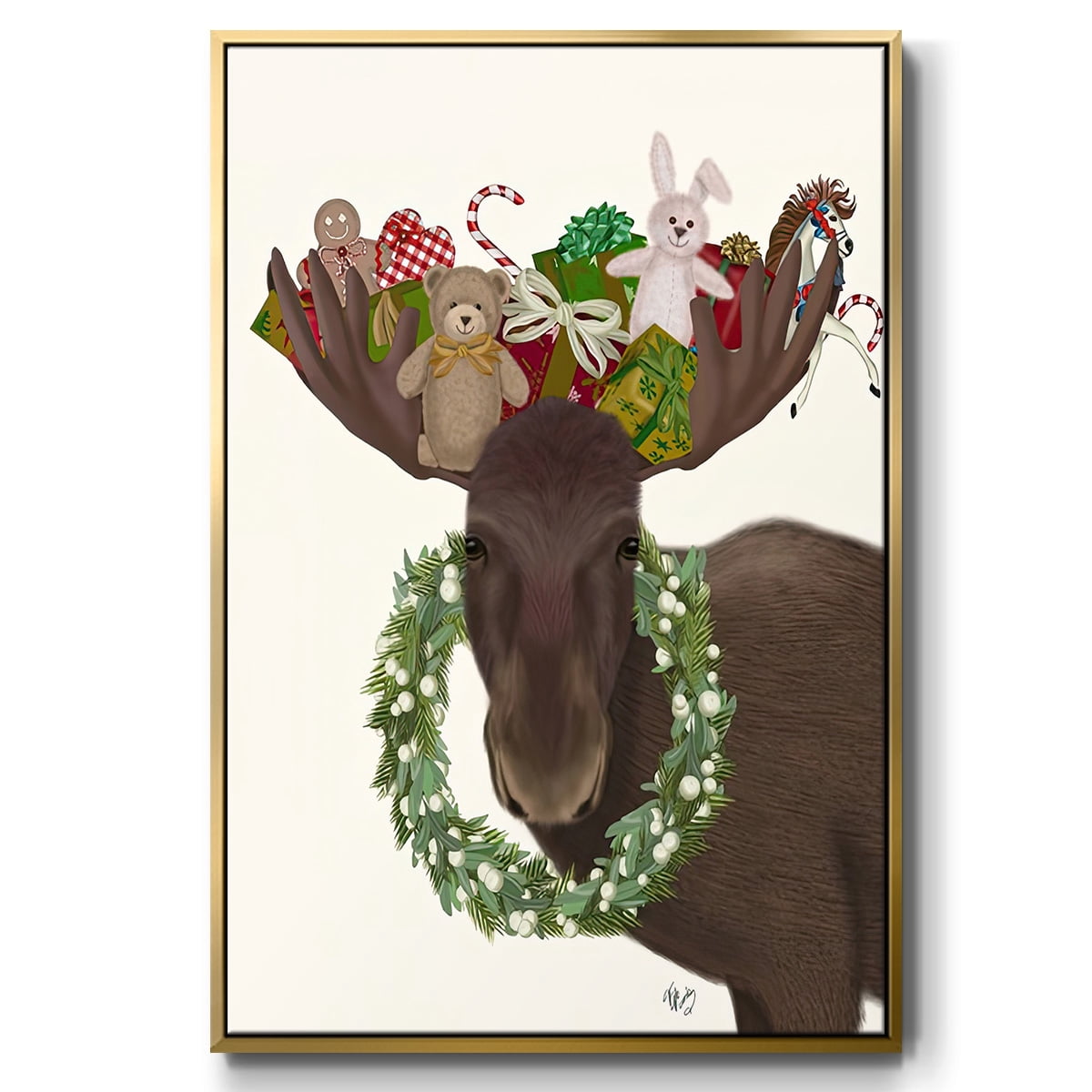 Christmas Moose and Christmas Gifts - Framed Gallery Wrapped Holiday Canvas - 27 x 41 - Gold Frame