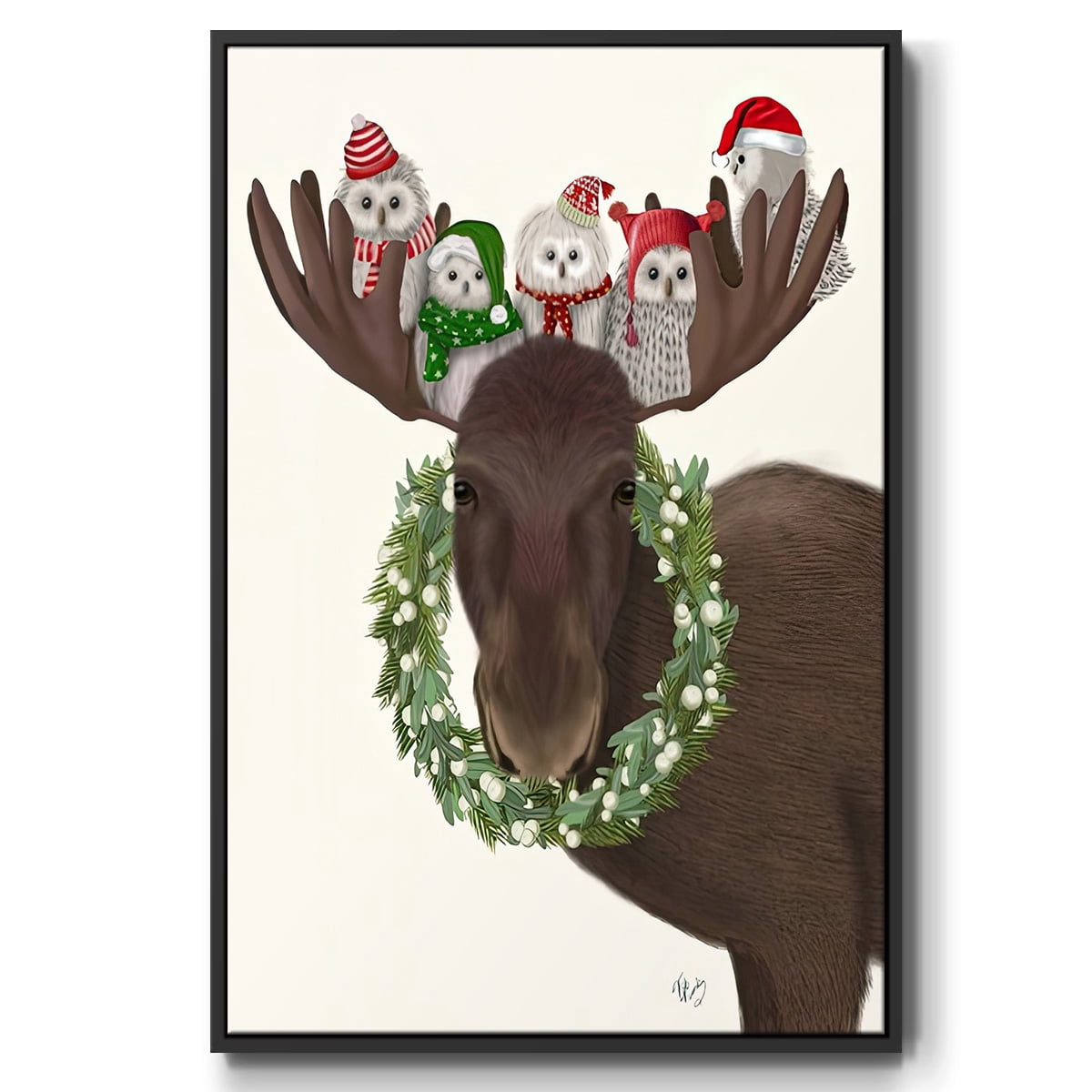 Christmas Moose and Christmas Owls - Framed Gallery Wrapped Holiday Canvas - 25 x 37 - Black Frame