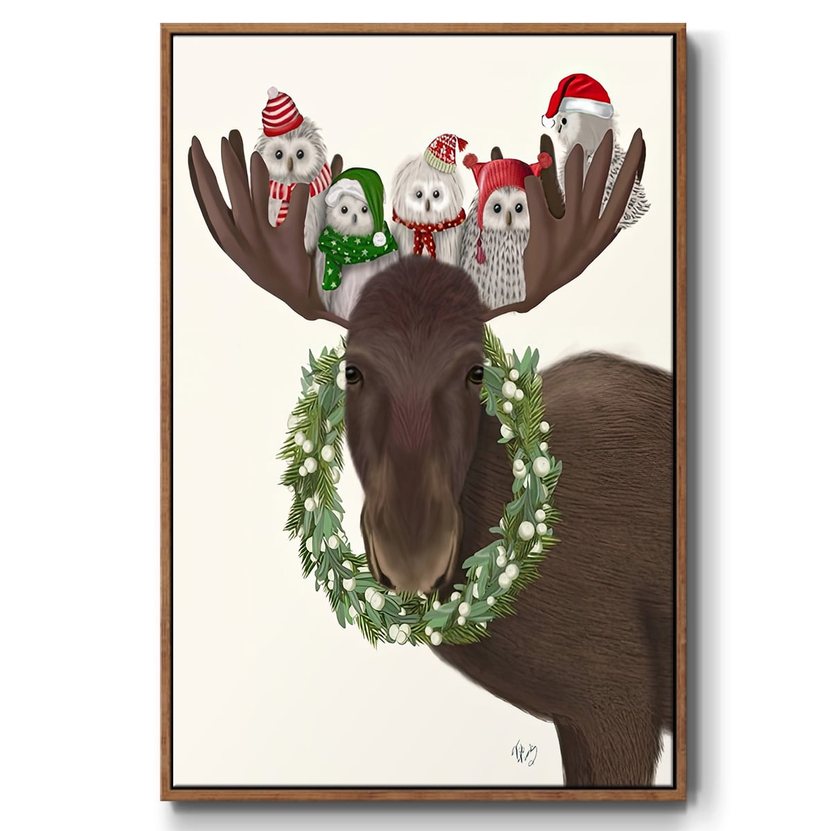 Christmas Moose and Christmas Owls - Framed Gallery Wrapped Holiday Canvas - 27 x 41 - Rosewood Frame