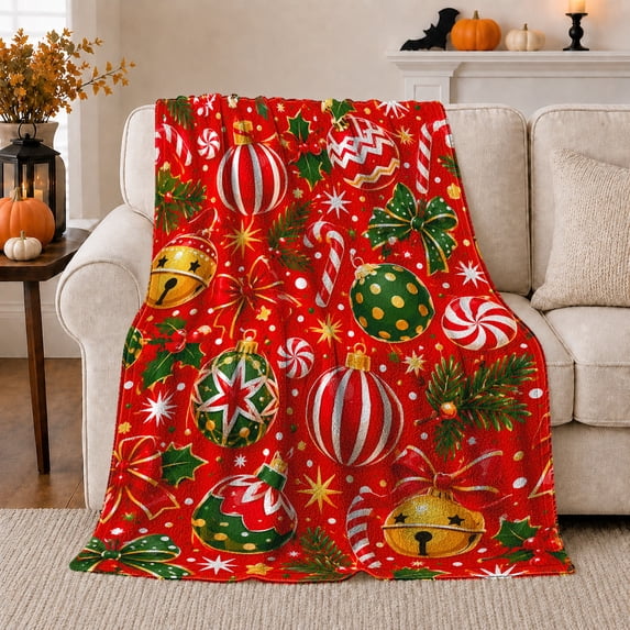 Christmas Morning Ornaments Bells Pattern Holiday, Festive Holiday Scene, Warm Flannel Blanket for Cabin and Lodge, Art Lovers Christmas Gift, Festive Home Decor