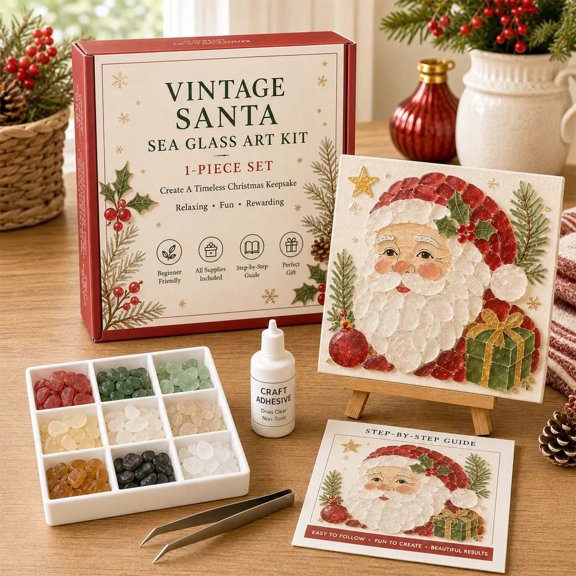 Christmas Mosaic Craft Kit, 7.87 Inch Plastic Sea Glass Mosaic Art Kit with Santa Patterns & Frame, Tools, for Holiday Home Decor & DIY Craft Project for Beginners & Adults