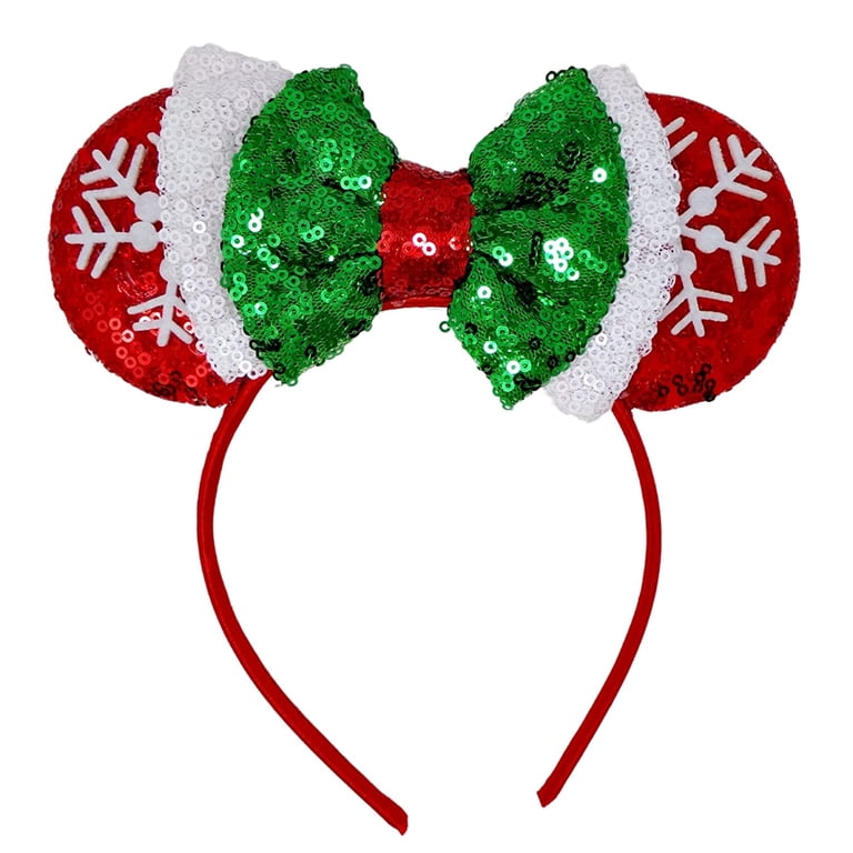 Snowflake Mouse Ears Headband with Green Glitter Bow  display picture 2