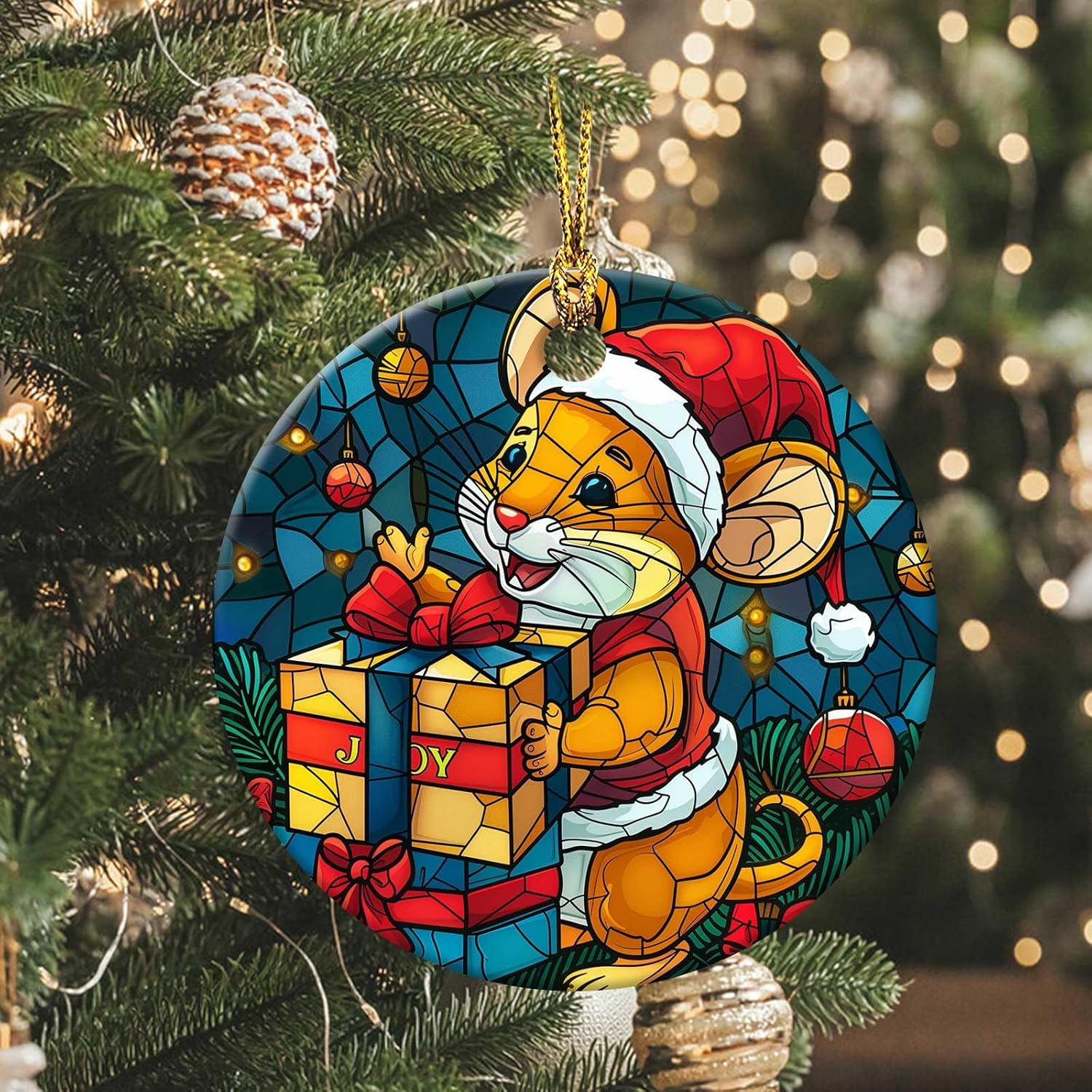 Christmas Mouse Ornament 2024 Round Ceramic Stained Glass Style