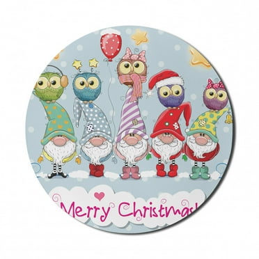 Christmas Mouse Pad for Computers, Funny Colorful Clothes Gnomes and Owls on Their Heads on Pastel Tone, Round Non-Slip Thick Rubber Modern Mousepad, 8" Round, Baby Blue Multicolor, by Ambesonne