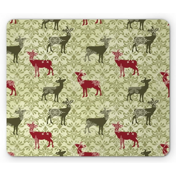 Christmas Mouse Pad, Pattern of Vintage Reindeer on Nostalgic Rococo Damask Pattern, Rectangle Non-Slip Rubber Mousepad, Maroon Green, by Ambesonne