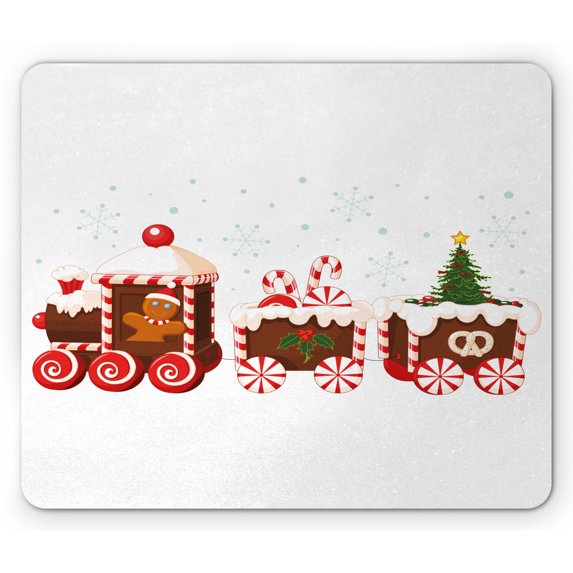 Christmas Mouse Pad, Train with Gingerbread Cream Candy Cartoon Toys Snowflakes Presents, Rectangle Non-Slip Rubber Mousepad, White Brown Vermilion, by Ambesonne