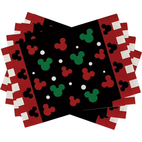 Christmas Mouse Placemats Set of 4, Red Black Green Xmas Polka Dots Table Place Mats, Winter Holiday Seasonal Kitchen Decor Home Decoration 12 x 18 Inch