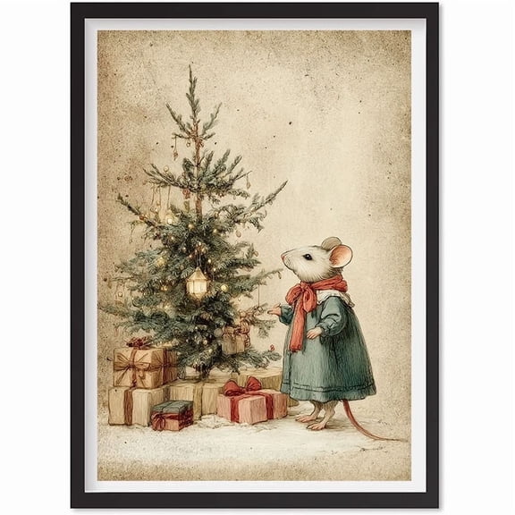 Christmas Mouse Print Wall Art, Vintage Holiday Animal Scene Decor Poster, Matte Canvas Stretched, Posters for Room Bedroom Living Room Bathroom Wall Decor, Posters & Art Prints, Gift.