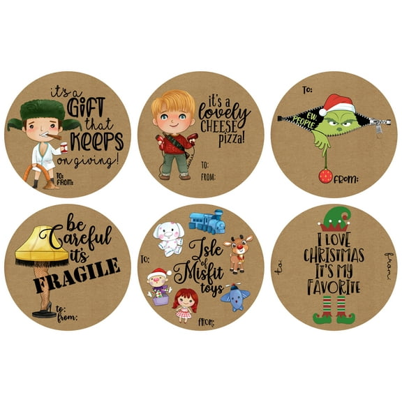 Christmas Movie Holiday Themed Gift Tag Sticker Labels for Presents Pull Stick Labels (24 Included) Multipack Bulk Self Adhesive