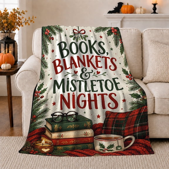 Christmas Movie Night Festive Reading Plaid Design, Festive Holiday Scene, Warm Flannel Blanket for Living Room and Family Room, Art Lovers Christmas Gift, Festive Home Decor