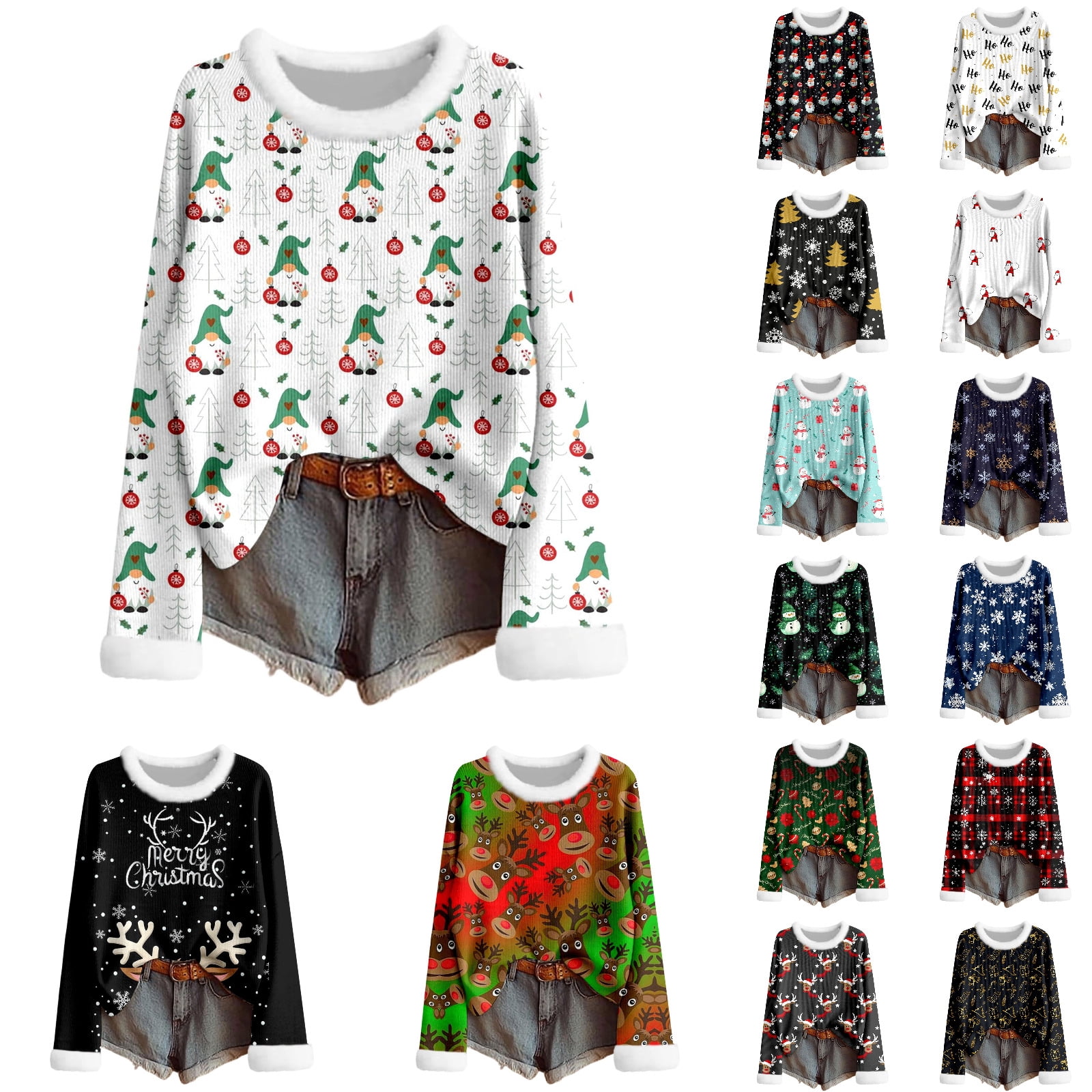 Women's Christmas Sweatshirt - Santa & Tree Graphic, Long Sleeve Crewneck, Holiday Pullover