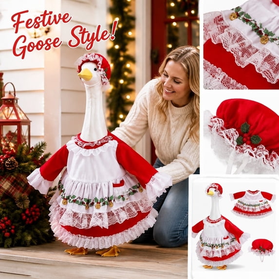 Christmas Mrs. Claus Porch Goose Outfits, Lawn Goose Xmas Dress and Hat Costume for 19.6in H Goose Statue, Christmas Garden Holiday Decor