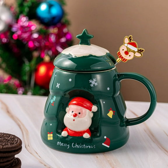 Christmas Mug under $5! CQCYD Christmas Ceramic Mug with Spoon Lid, 400ml Large Capacity Cute Coffee Cup, Household Hot Beverage Drinking Cup, Festive Holiday Design for Home Office