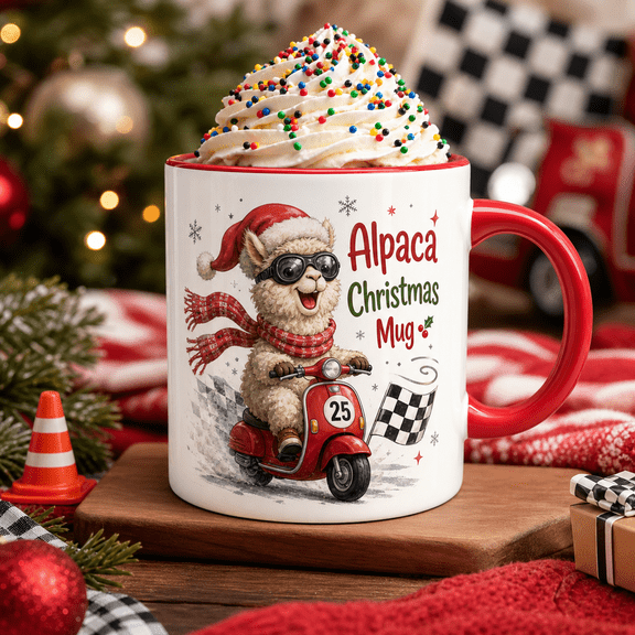 Christmas Mug Alpaca Scooter Race Ceramic Coffee Cup for Holiday Gift Giving