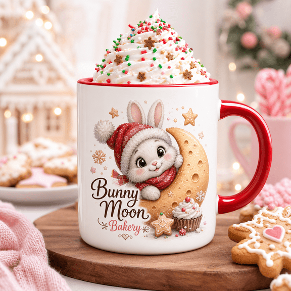 Christmas Mug Bunny Moon Bakery Ceramic Coffee Cup for Holiday Cocoa and Coffee Lovers