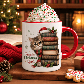 Christmas Mug Cat Librarian Ceramic Coffee Cup for Cozy Reading Nook Book Lovers