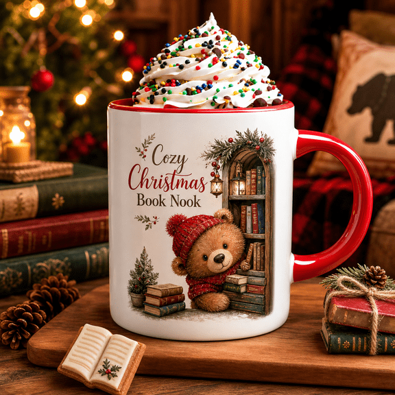Christmas Mug Cozy Bear Book Nook Ceramic Coffee Cup for Holiday Reading Gift