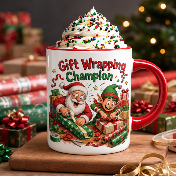Christmas Mug Gift Wrapping Champion Ceramic Coffee Cup for Holiday Cocoa, Office Gift Exchange