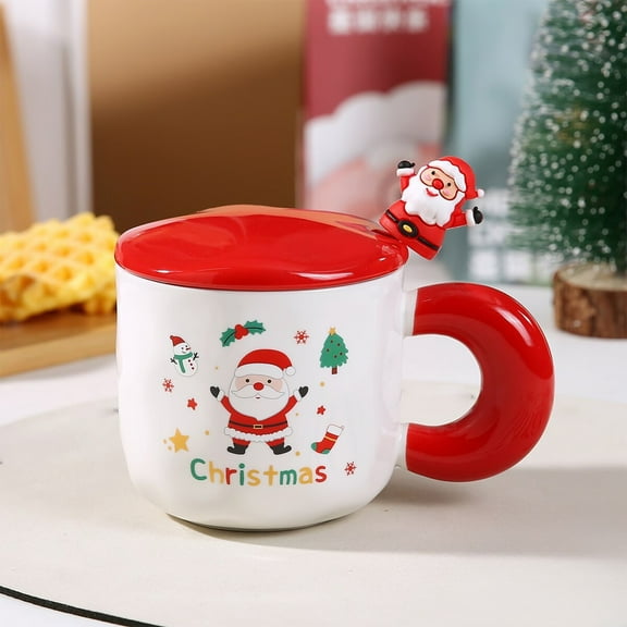 Christmas Mug with Lid and Spoon Santa Claus Tree Design Ceramic Coffee Cup Holiday Themed Gift Set Reusable Festive Drinkware for Cocoa Tea Coffee Hot Chocolate Holiday Parties Gifts 14oz