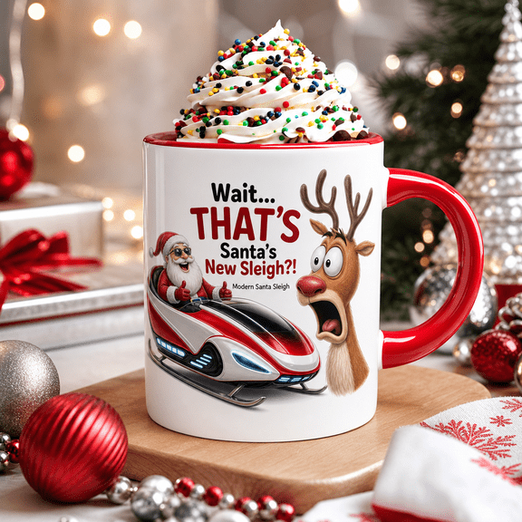 Christmas Mug Modern Santa Sleigh Reindeer Ceramic Coffee Cup for Holiday Gift