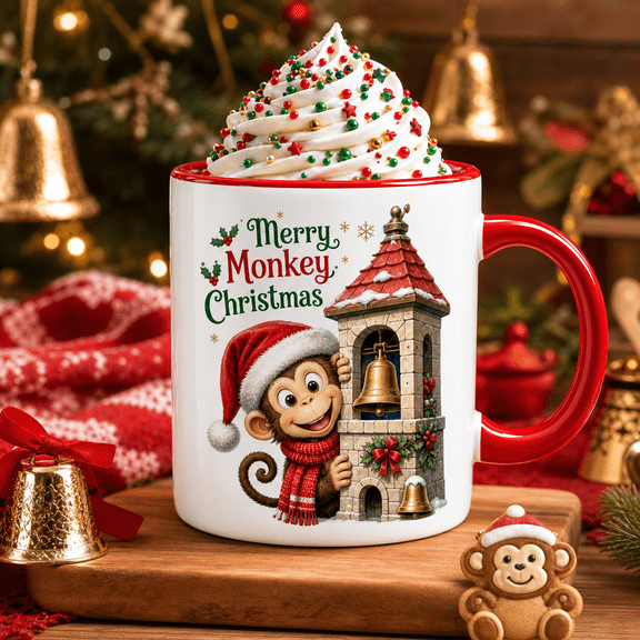 Christmas Mug Monkey Bell Tower Ceramic Coffee Cup for Holiday Mornings and Monkey Lovers