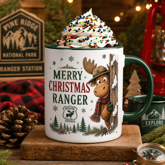 Christmas Mug Moose Ranger Ceramic Coffee Cup for Holiday Sips and Park Lovers