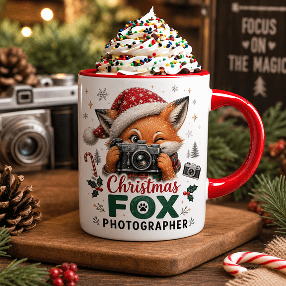 Christmas Mug Fox Photographer Coffee Cup for Hot Drinks, Holiday Gift for Photographers