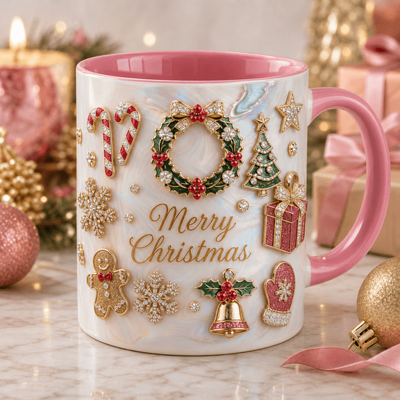 Christmas Mug Pink Holiday Coffee Cup for Christmas Lovers Gift Idea