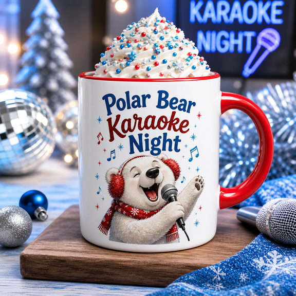 Christmas Mug Polar Bear Karaoke Night Ceramic Coffee Cup for Holiday Drinks Music Lovers