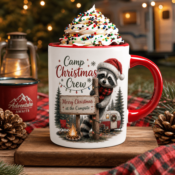 Christmas Mug Raccoon Camp Christmas Crew Ceramic Coffee Cup for Campers and RV Lovers