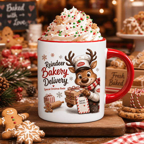 Christmas Mug Reindeer Bakery Delivery Ceramic Coffee Cup for Holiday Sipping, Baker Gift